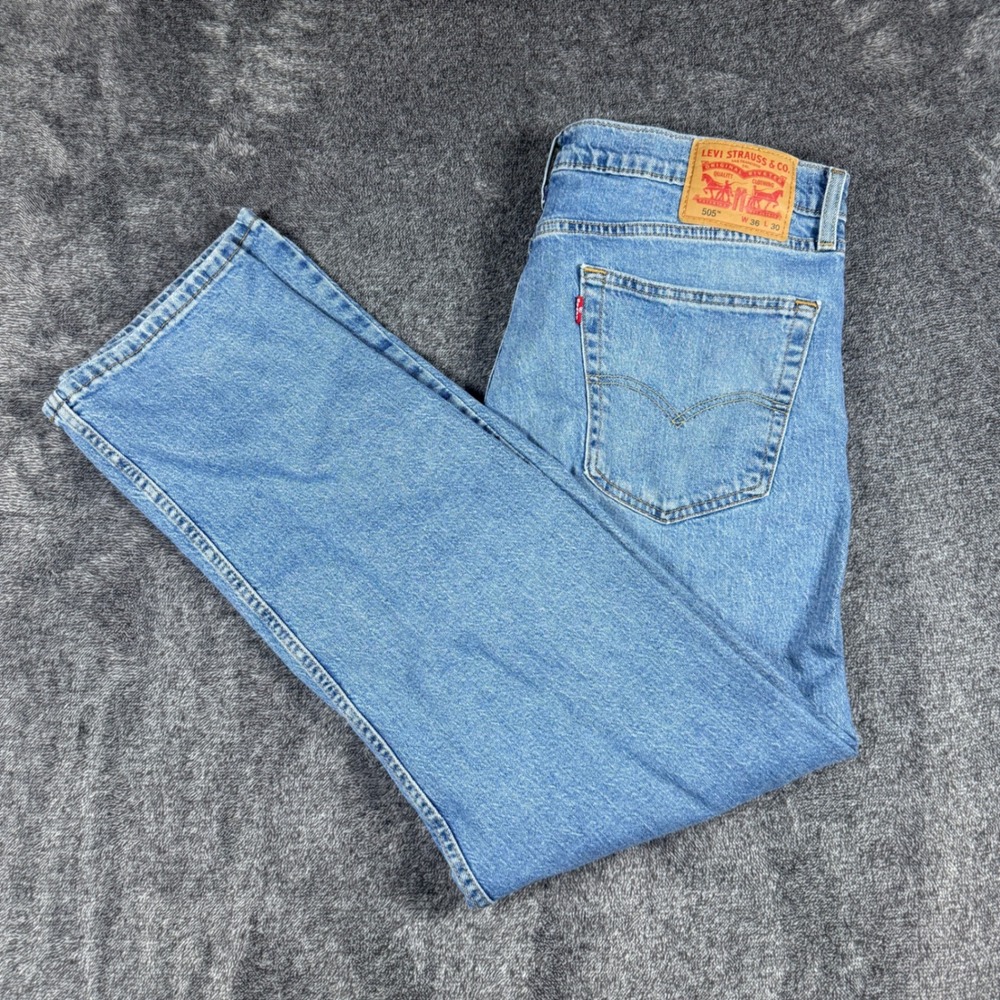 Levis 505 Regular Fit Straight Leg Blue Denim Jeans Mens 36x30 Stretch WaterLess